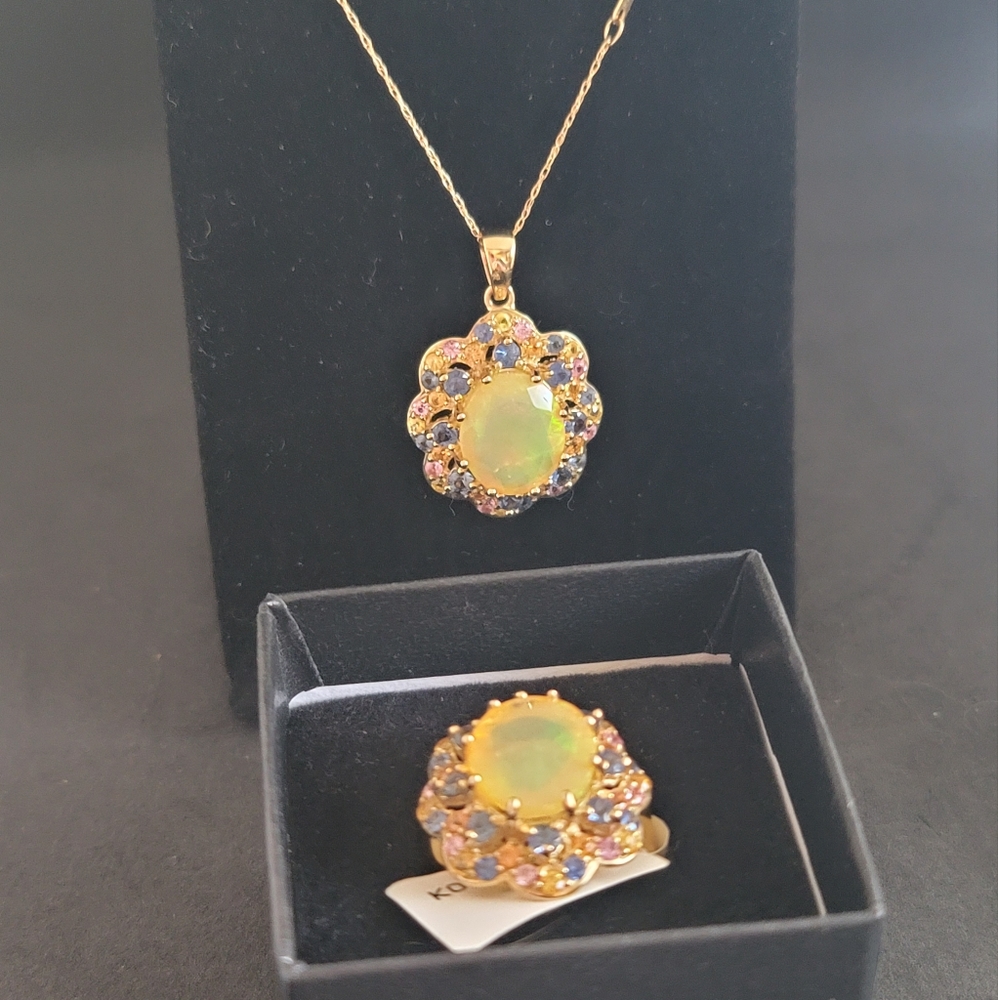 S38 Exquisite 14k Opal and Sapphire Ring and Pendant Set